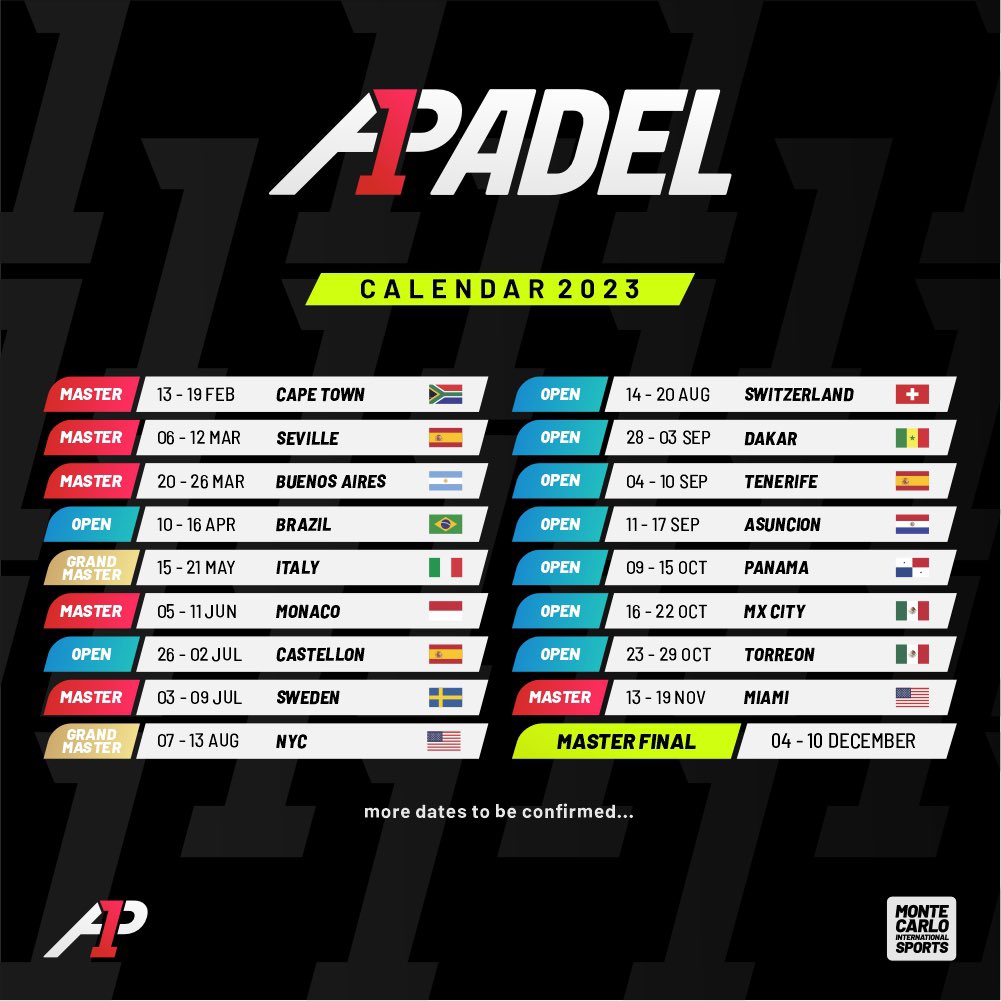 Calendario 2023 de A1 Padel, antiguo APT Padel Tour
