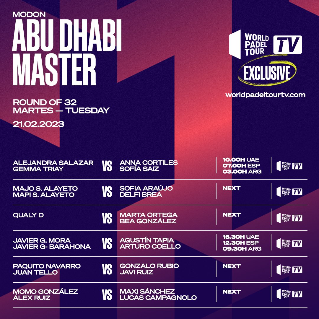 Partidos que se retransmitirán el martes en el streaming del Abu Dhabi Padel Master