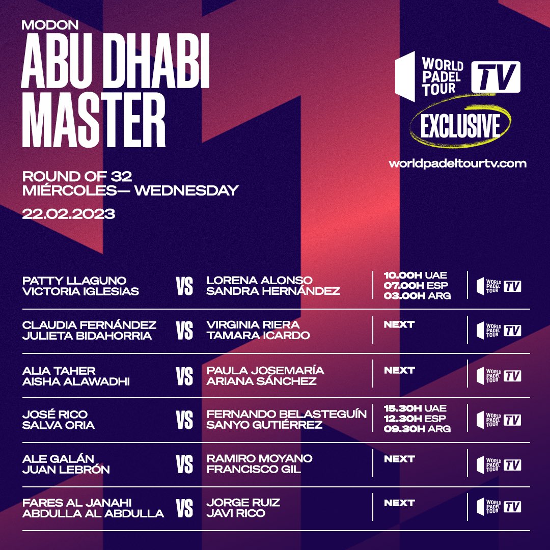 Partidos que se retransmitirán el miércoles en el streaming del Abu Dhabi Padel Master