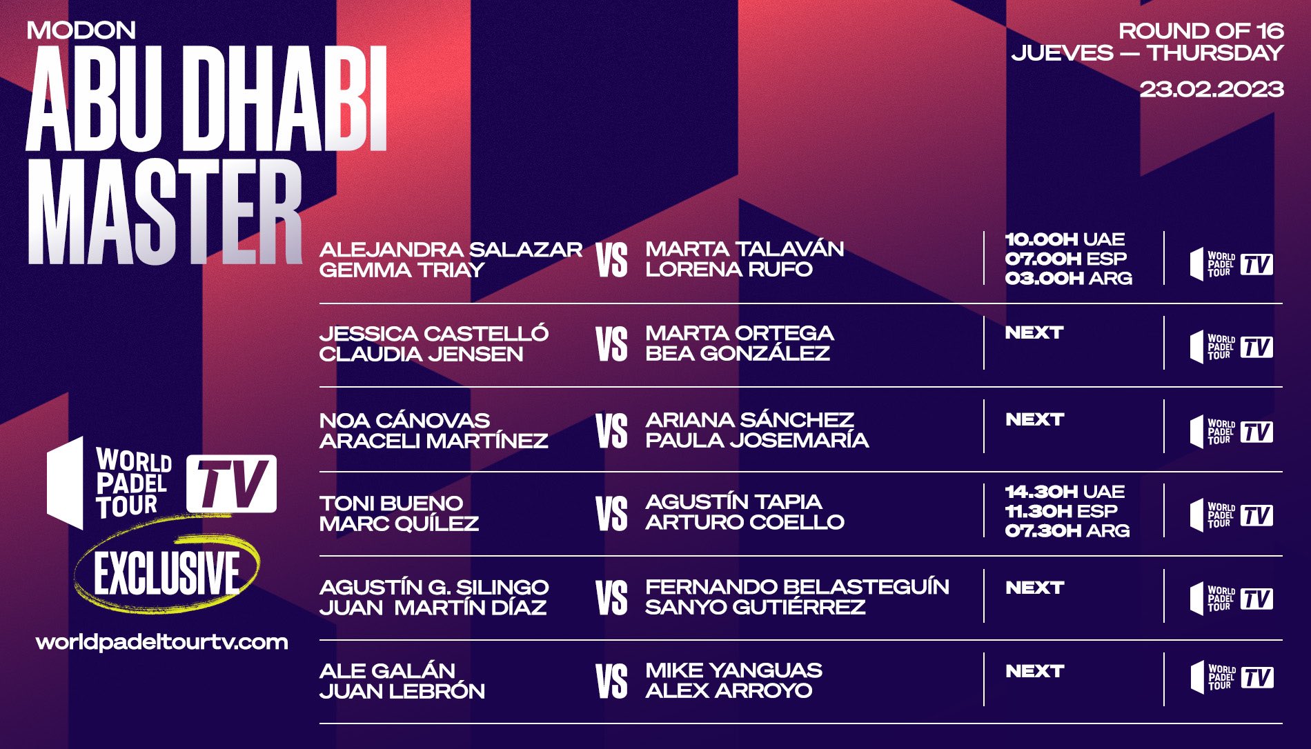 Estos son los partidos que se retransmitirán en los octavos del Abu Dhabi Padel Master 2023