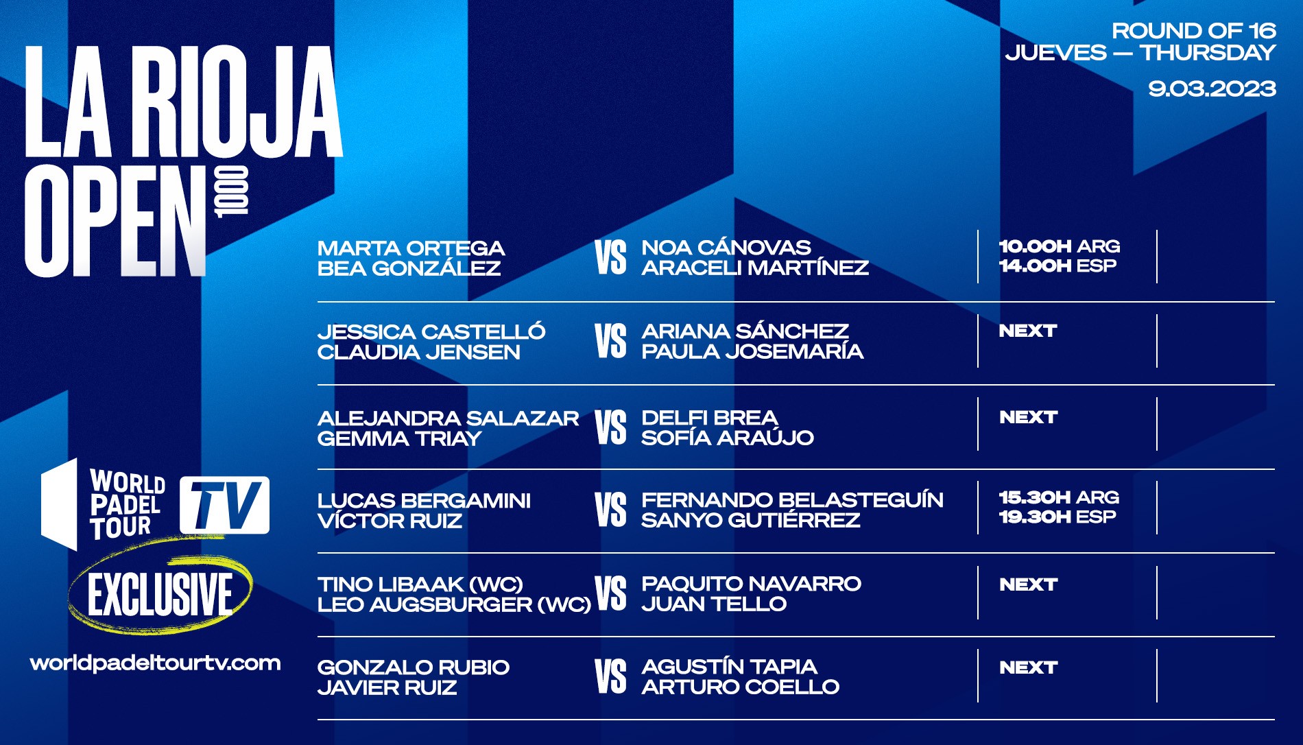 Estos son los partidos que se retransmitirán en los octavos de La Rioja Padel Open 2023