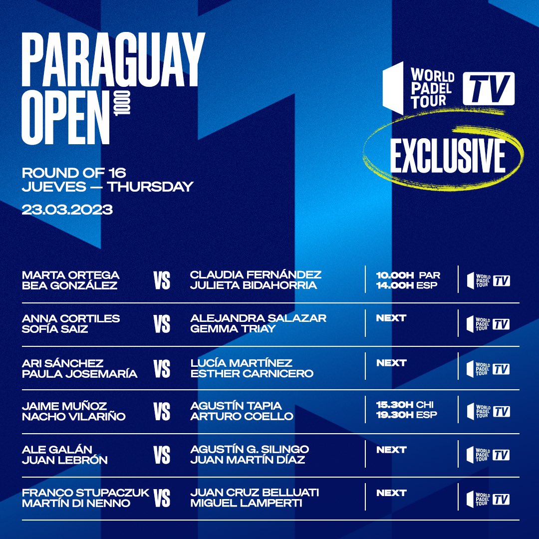 Partidos que serán retransmitidos en los octavos de final del Paraguay Open