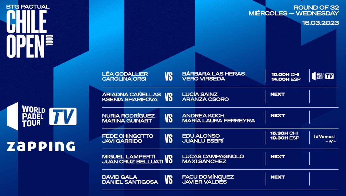 Partidos y horarios del streaming de los dieciseisavos del Chile Padel Open