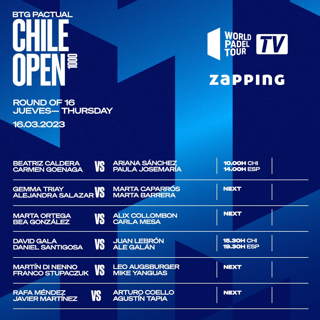 Partidos y horarios del streaming de los octavos del Chile Padel Open