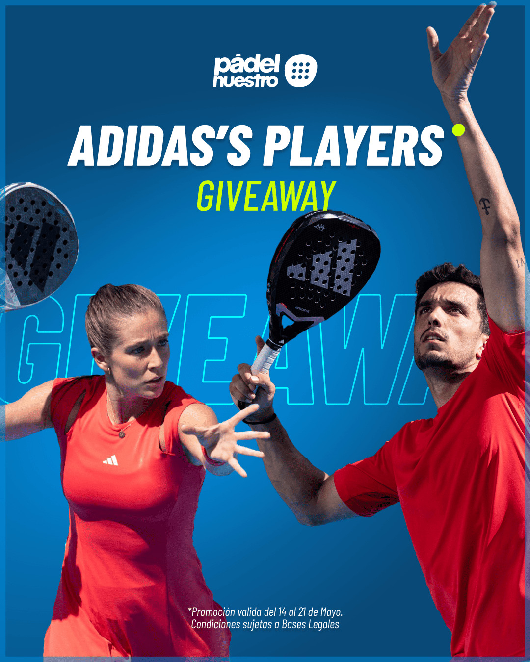 Por compras superiores a 90 € en productos adidas a través de la tienda online oficial de la marca, entrarán automáticamente en el sorteo de 6 palas de pádel adidas firmadas por dos referentes del circuito profesional: Martita Ortega y Ale Galán.