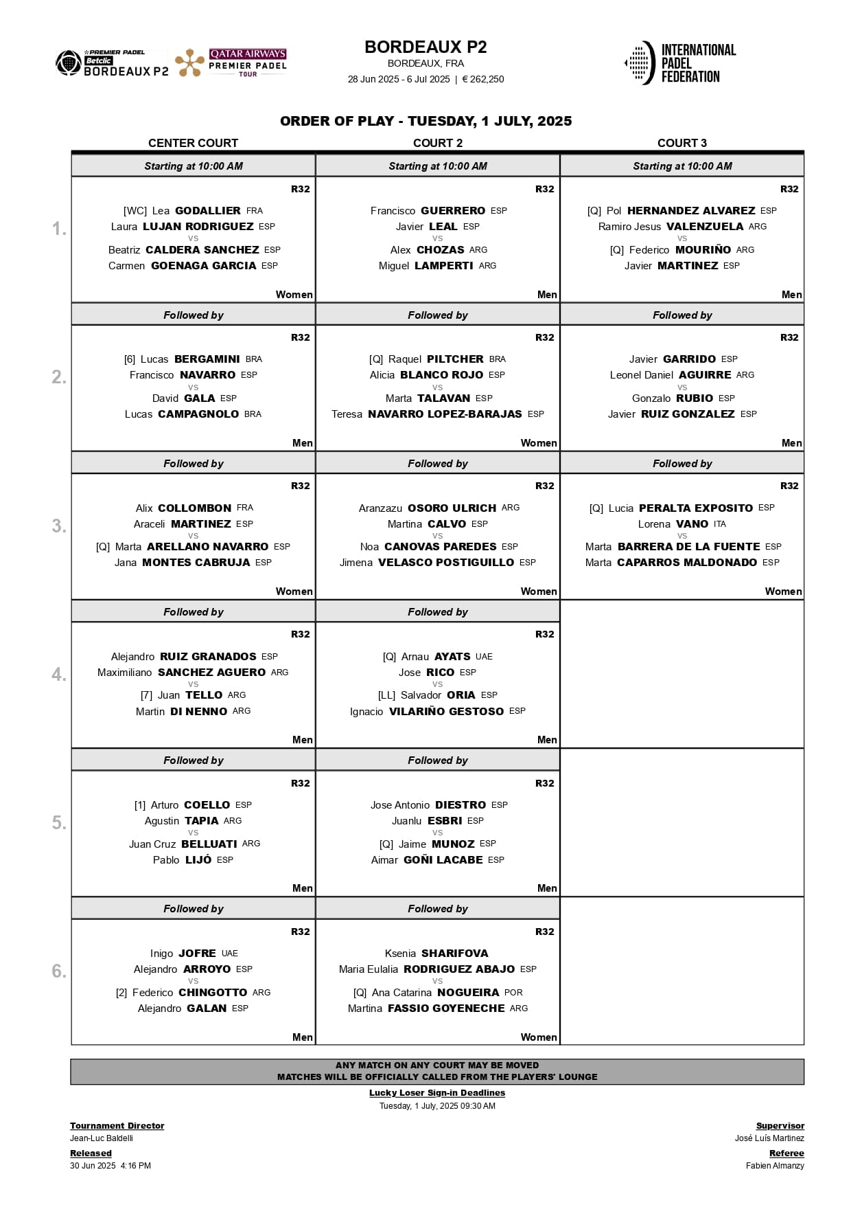 Programa de la segunda jornada de dieciseisavos de final del Bordeaux Premier Padel P2