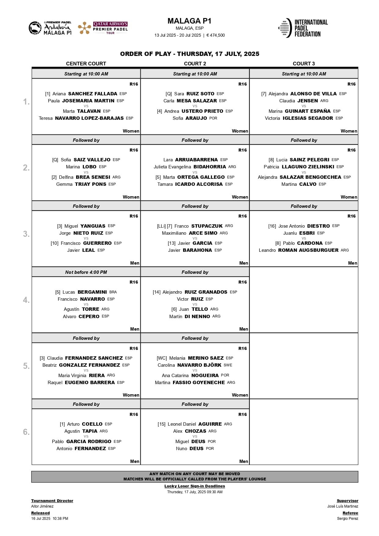 Partidos y horarios de los octavos de final del Málaga Premier Padel P1
