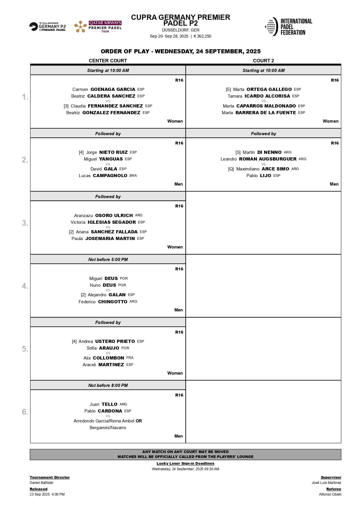 Partidos y horarios de los octavos de final del Germany Premier Padel P2