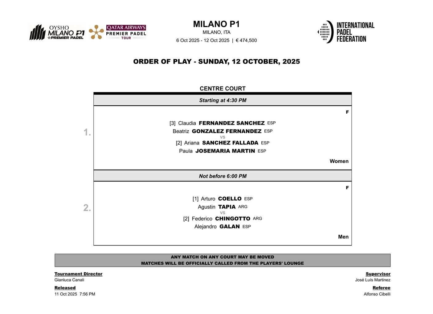Enfrentamientos y horarios de las finales del Milano Premier Padel P1