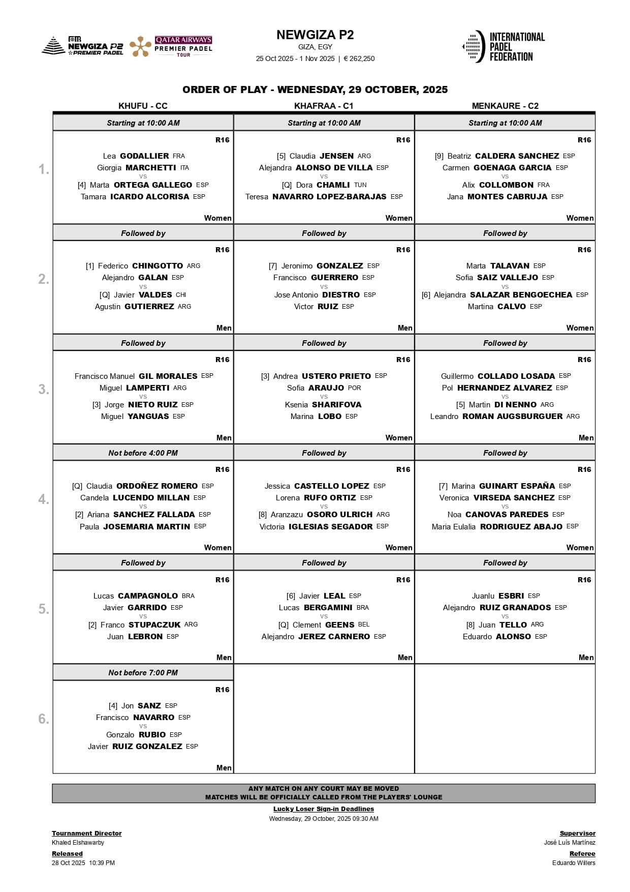 Partidos y horarios de los octavos de final del Newgiza Premier Padel P2