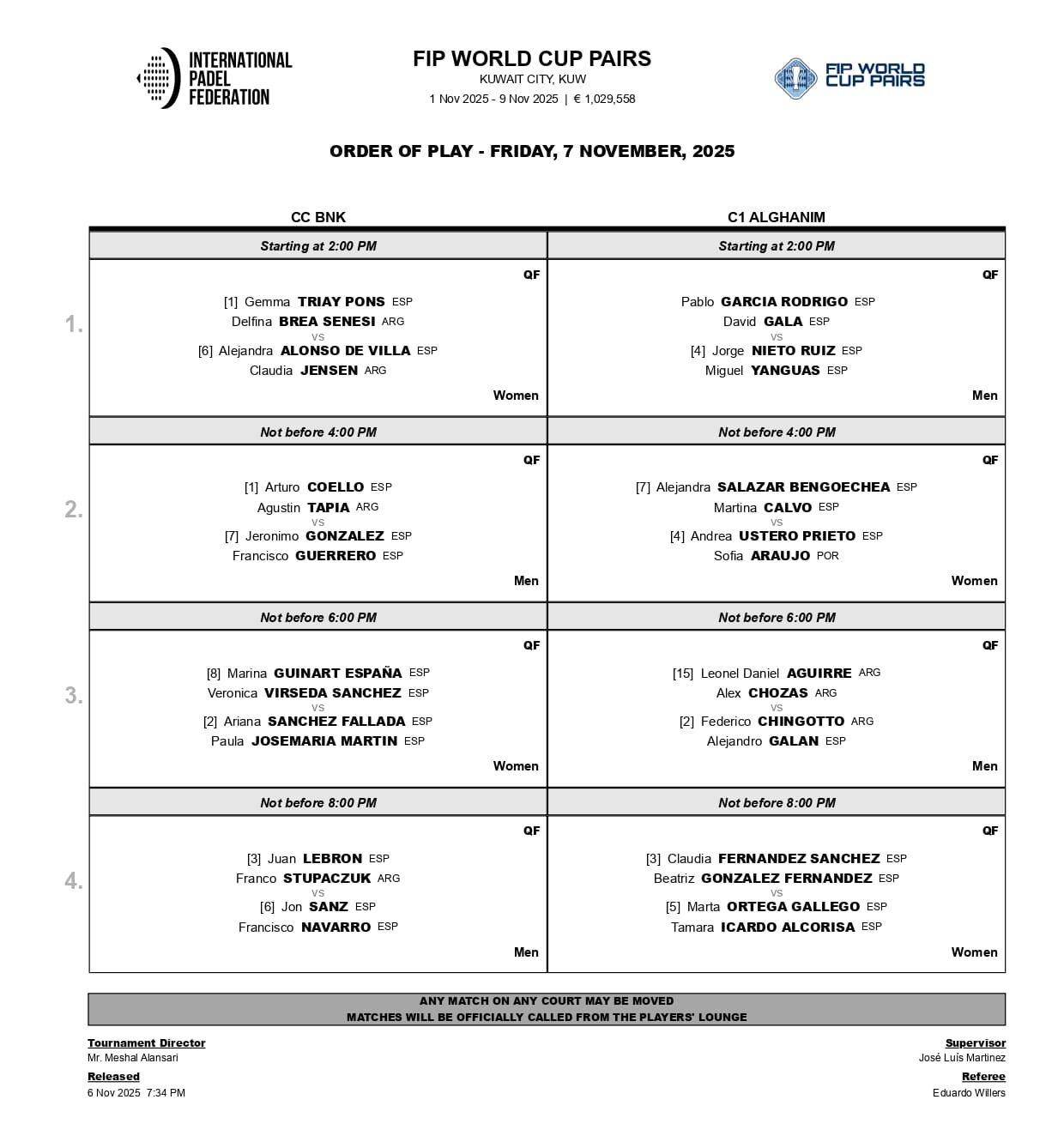Enfrentamientos y horarios de los cuartos de final del Mundial por Parejas de Pádel 2025